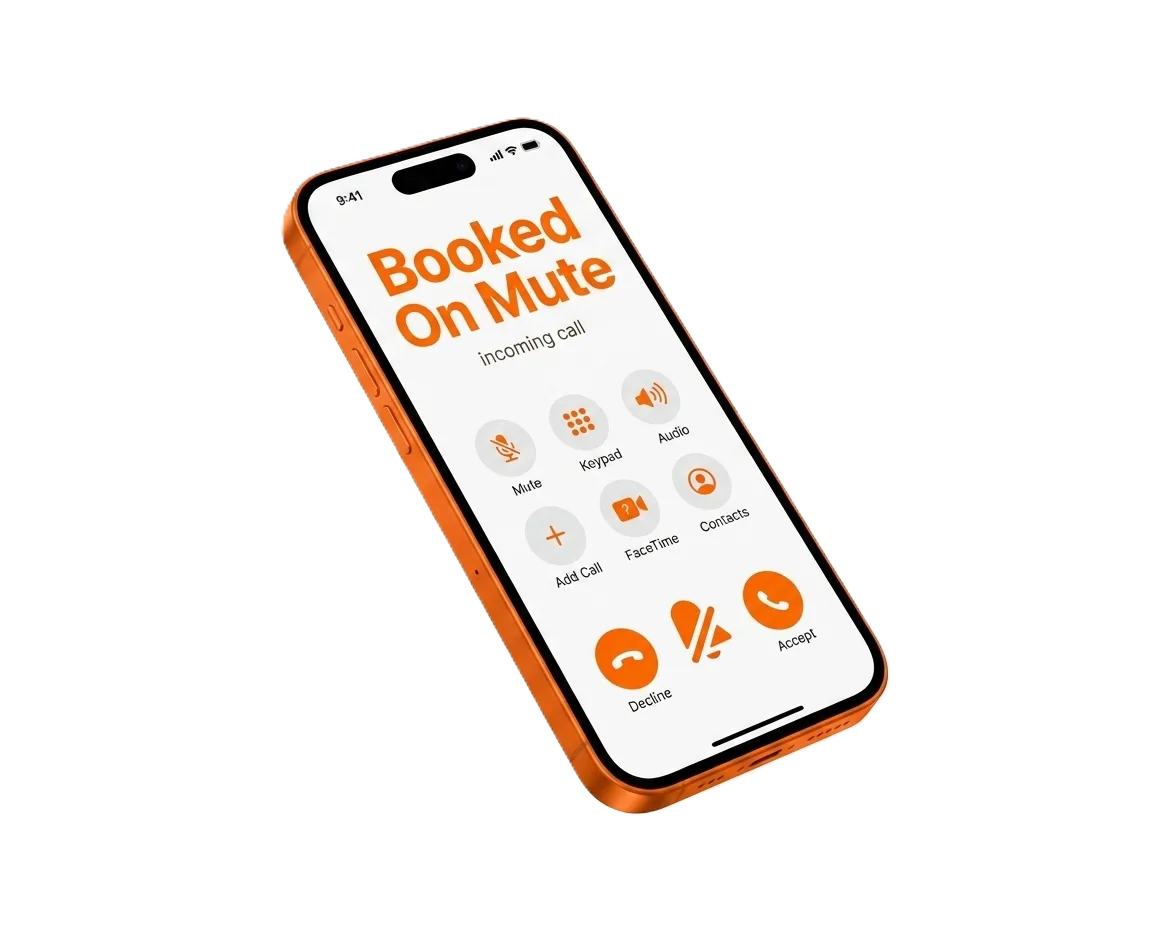 BookedOnMute AI receptionist answering an incoming call on a phone